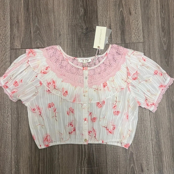 NWT LoveShackFancy Elania Crop Top Pink White Floral Print Women's Size Large - Picture 4 of 8